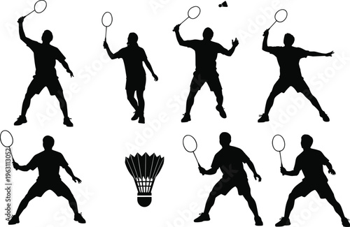 Badminton player silhouettes set showing racket swings, smash and rally actions with shuttlecock, dynamic sports activity isolated on white background for design use
