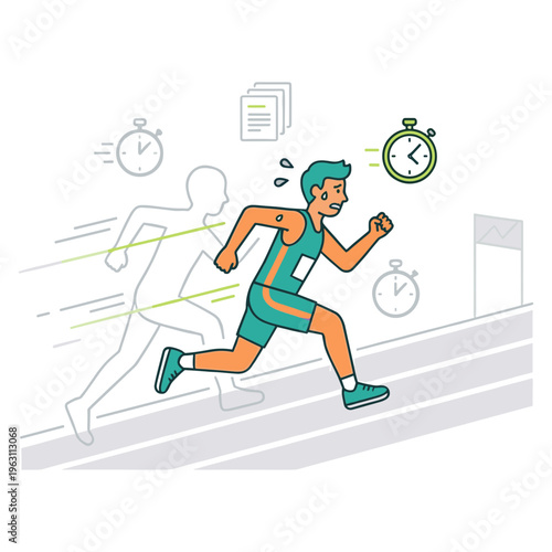 Man sprinting on track with clocks and another runner in background