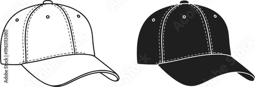 Baseball cap outline and solid silhouette illustration isolated on white background representing casual fashion and headwear design
