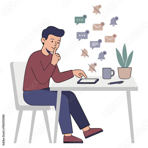 Man sitting at desk uses tablet with notifications floating by