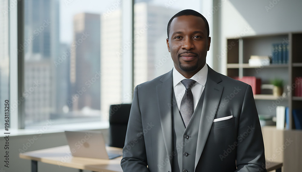 Fototapeta premium Confident Professional Black Male Lawyer Standing in Modern Law Office, Expert Legal Advocate, Justice System, Diverse Representation
