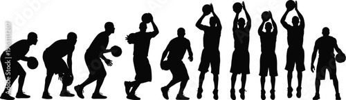 Basketball shooting motion sequence silhouettes showing dribbling, jump shot and follow through, dynamic sports action isolated on white background for training design
