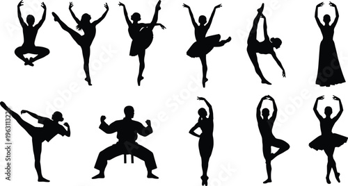 Black silhouette illustration of diverse dance and martial arts poses showing elegance, strength, balance, and discipline for promotion