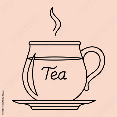 Minimal line of a teacup with steam rising line minimal black lines peach background saucer