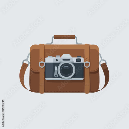 Brown leather camera bag with silver buckles illustration