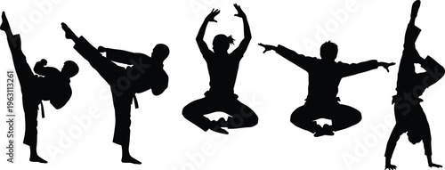 Black silhouette illustration of martial arts and acrobatic poses showing dynamic kicks, flips, and handstand balance for promotion