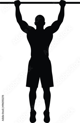 Black silhouette of athlete performing pull‑up exercise, fitness training illustration showing strength, posture, workout routine, upper body motion