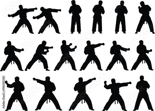 Black silhouette illustration of martial arts kata sequence showing dynamic stances and movements, sports training design for promotion