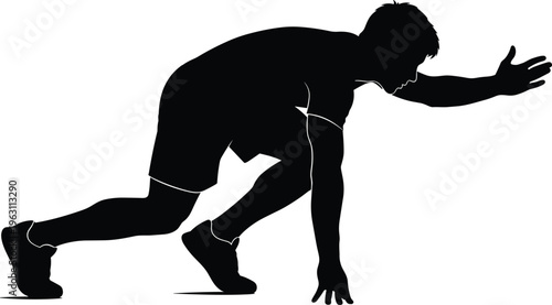 Black silhouette of sprinter in crouched starting position, dynamic sports illustration showing speed, readiness, athletic posture, competition concept