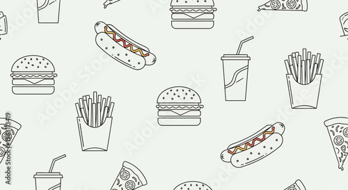 Fast Food Seamless Pattern with Hand Drawn Burger Hot Dog Pizza and Fries Outline Icons