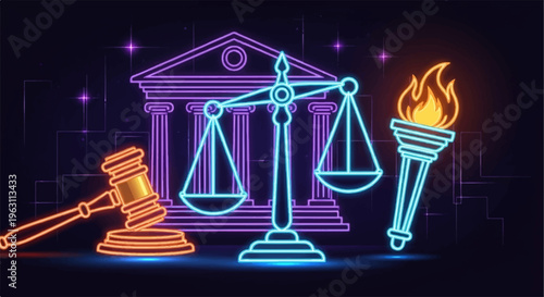 Neon law symbols including gavel scales and torch in front of courthouse at night