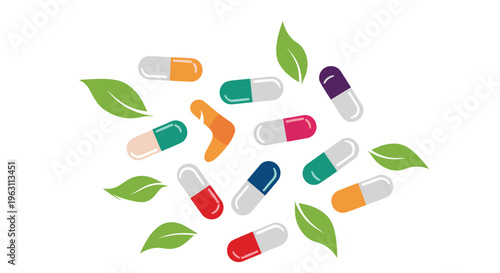 Health and wellness concept with various colorful medicinal capsules and pills flying together with green leaves.