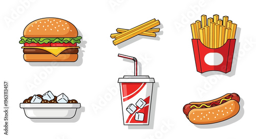 Set of Fast Food Icons with Burger Fries Hot Dog and Soda