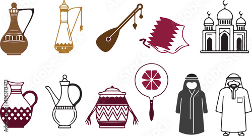 Qatar Black and white line art icons, Traditional Arab Cultural Icons and Symbols Set, EPS