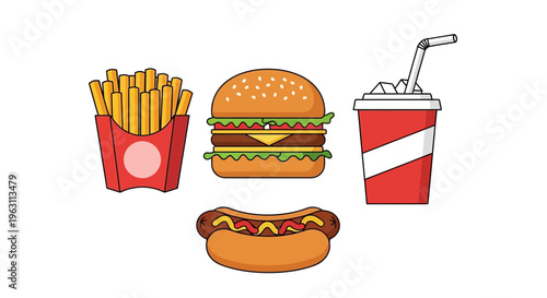 Fast Food Set with Burger Fries Hot Dog and Soda Drink