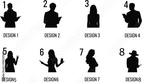 Business people silhouettes set with expressive gestures and smartphone poses, male and female professionals, corporate communication concept isolated on white background