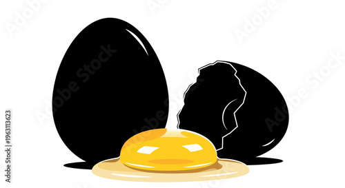 Black egg with cracked shell and visible yolk.