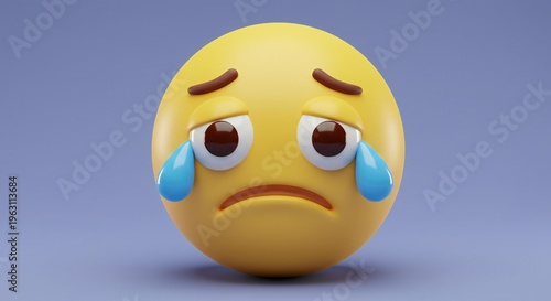 A 3D rendered crying emoji with frowning face and tears on a gray background.