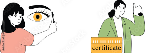 A person receiving an eye exam and another showing a certificate of completion or qualification