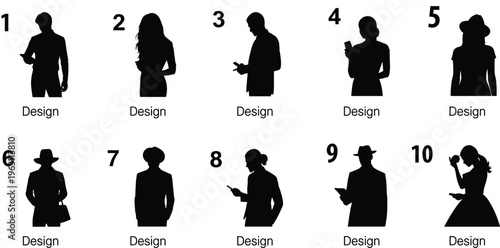 Business people silhouettes set with smartphone usage and casual standing poses, male and female professionals, corporate lifestyle concept isolated on white background