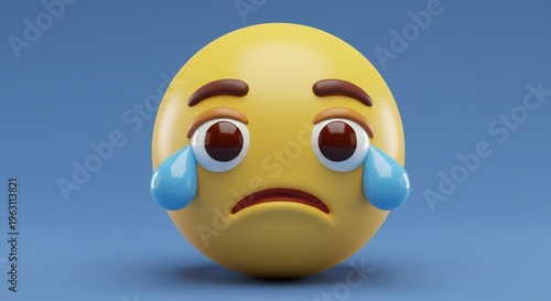 Sad emoticon character shedding tears on blue background emotionally