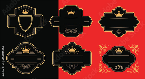 Collection of elegant gold and black ornamental frames decorated with crowns and filigree on a split red and black background.