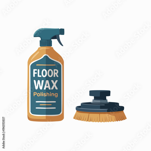 Cleaning supplies illustration with floor wax bottle and brush