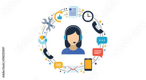 Concept illustration of a female customer service representative with a headset surrounded by various communication and support icons.