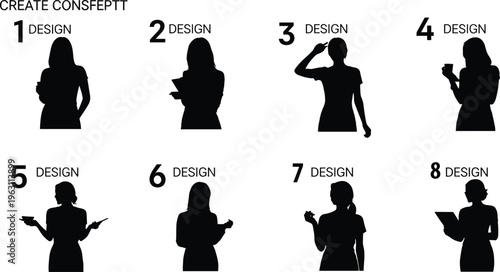 Business women silhouettes set with expressive communication and thinking poses, female professionals in corporate roles, office concept isolated on white background