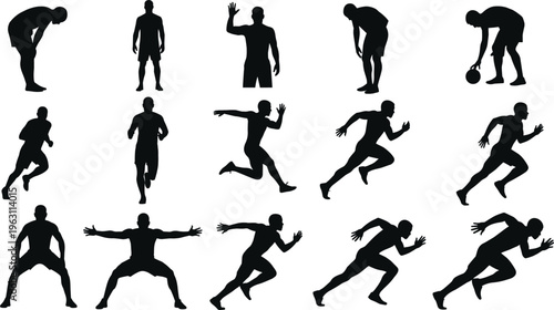 Collection of athlete running silhouettes showing motion sequence, sprinting poses and dynamic sports activity isolated on white background for fitness and training concepts
