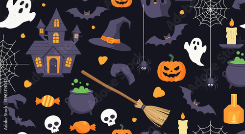 Colorful seamless Halloween pattern featuring spooky elements like ghosts pumpkins witch hats bats and magic cauldrons.