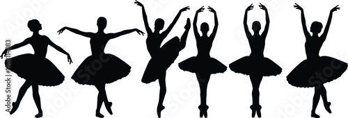 Collection of ballet dancer silhouettes performing graceful poses, classical dance movements, artistic performance and elegance, female ballet vector illustration set