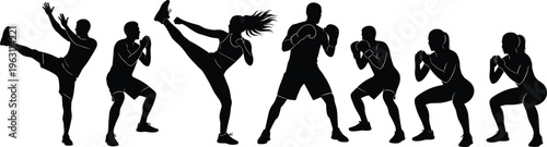 Collection of boxing and martial arts silhouettes, fighters in kicks and guard stances, combat training poses, dynamic sports action vector illustration set