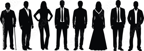 Collection of business people silhouettes in formal attire standing in different poses isolated on white background representing corporate and professional lifestyle
