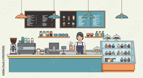 Female barista standing at a modern coffee shop counter featuring menu boards a pastry display and espresso equipment.