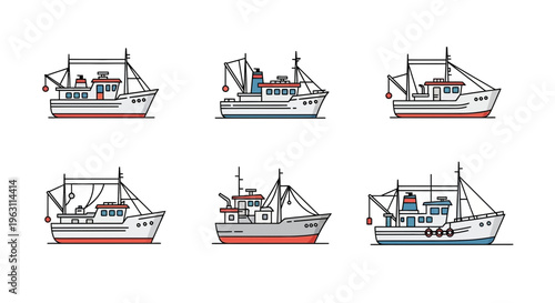 Set of Fishing Trawler Boat Icons
