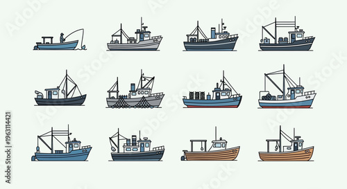 Set of Hand-Drawn Fishing Boat Illustrations