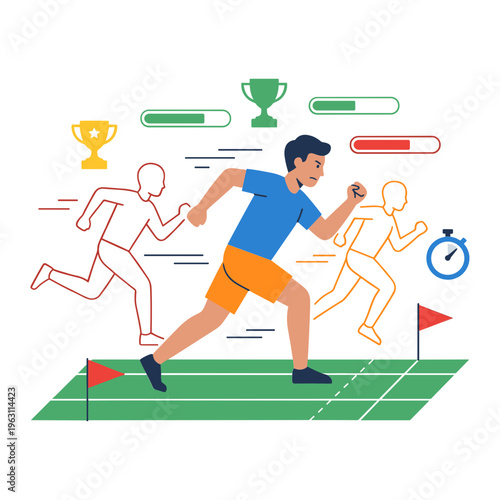 Runner sprints to win on track with trophies and timers nearby