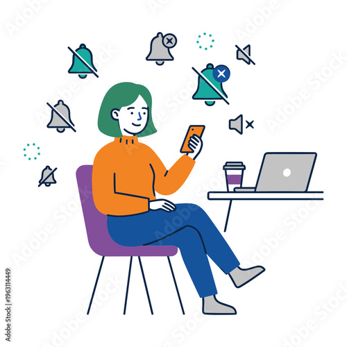 A woman sits at a desk with a laptop and phone notifications floating around her.