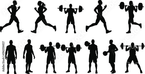 Collection of fitness and sport silhouettes showing running, weightlifting and workout poses isolated on white background representing strength, training and active lifestyle