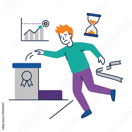 Man runs quickly to throw a certificate in a box near a graph and hourglass.