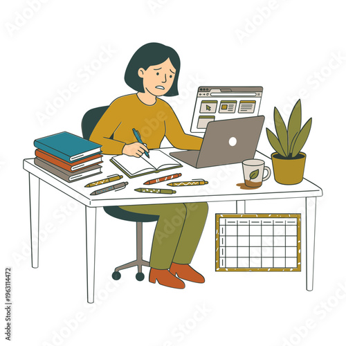 A woman works on her laptop while sitting at a desk with books and a plant in an office.