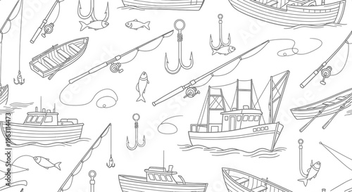 Seamless Pattern of Hand-Drawn Fishing Boats and Equipment