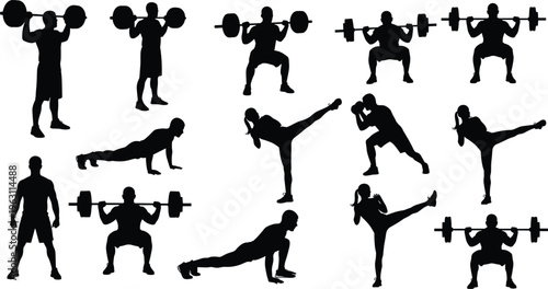 Collection of fitness and strength training silhouettes, weightlifting, push ups and kickboxing poses, dynamic workout routines, gym exercise vector illustration set