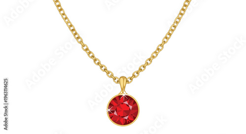 Elegant gold chain necklace with a round sparkling red ruby gemstone pendant isolated on a clean white background.