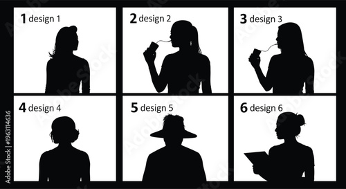 Women business silhouettes set in framed grid layout, female professionals with expressive poses and activities, corporate lifestyle concept isolated on white background