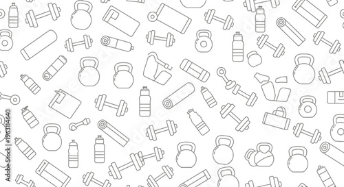 Seamless Pattern of Fitness and Gym Equipment Line Icons