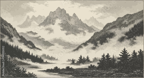 Vintage Engraving Style Mountain Landscape with Pine Forest and Fog