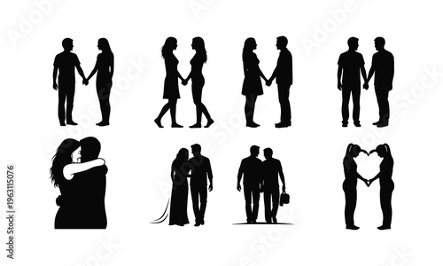 Couple silhouette vector illustration, holding hands, love and relationship symbol, romantic gesture