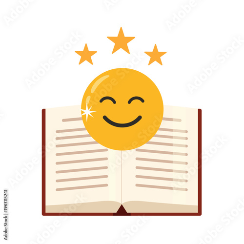 Happy reading a book and fun learning, Emoticon and open book, education concept. 